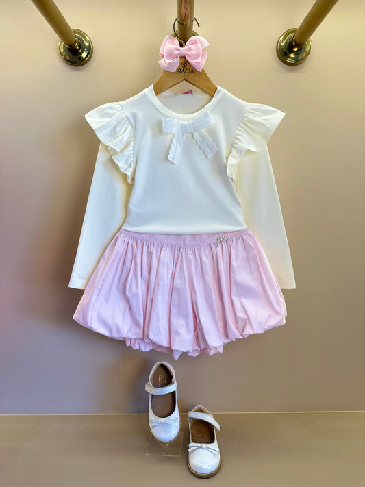 Conjunto Infantil Blusa ML Lacinho Branca e Shorts Balonê Rosa Claro - Luluzinha
