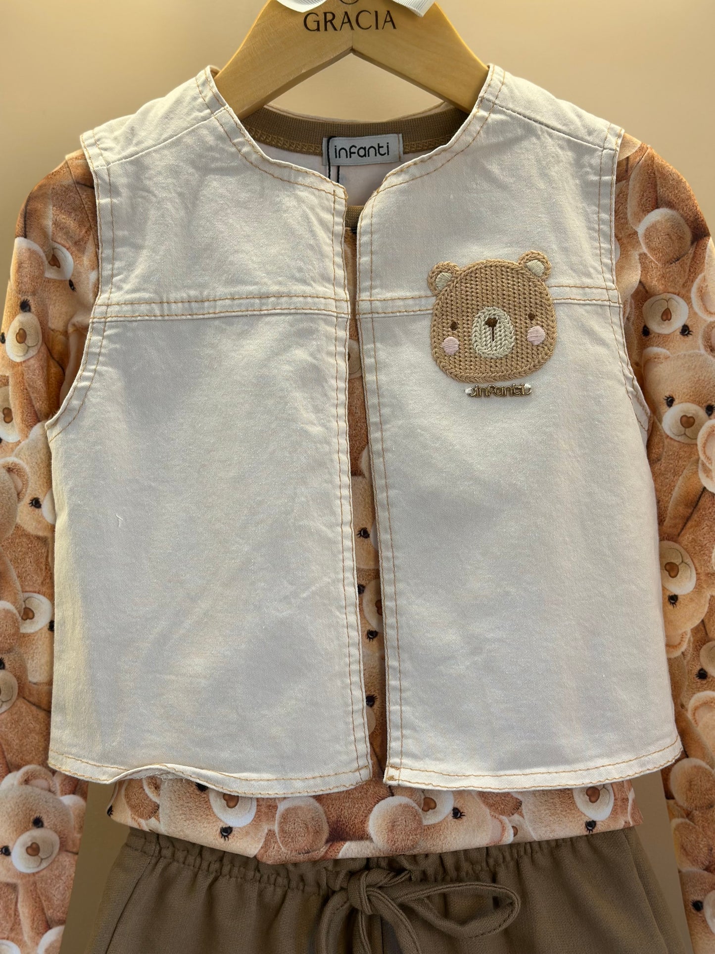 Conjunto Infantil Trio Blusa Ursinhos, Colete Sarja com Elastano e Shorts em Moletom s/ Pelúcia - Infanti