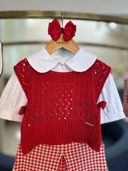 Conjunto Infantil Colete Ponto Rendado e Saia Tricot Pied Poule Prega - Pituchinhus