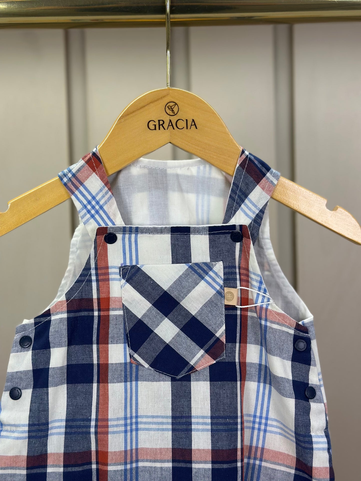 Romper Bebê Fofinho Tricoline Xadrez Fio Tinto Azul - Um Mais Um