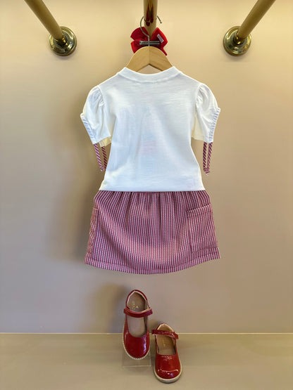 Conjunto Infantil Blusa Algodão Lacinhos Mangas e Saia Sarja Xadrez Vermelho - Beabá