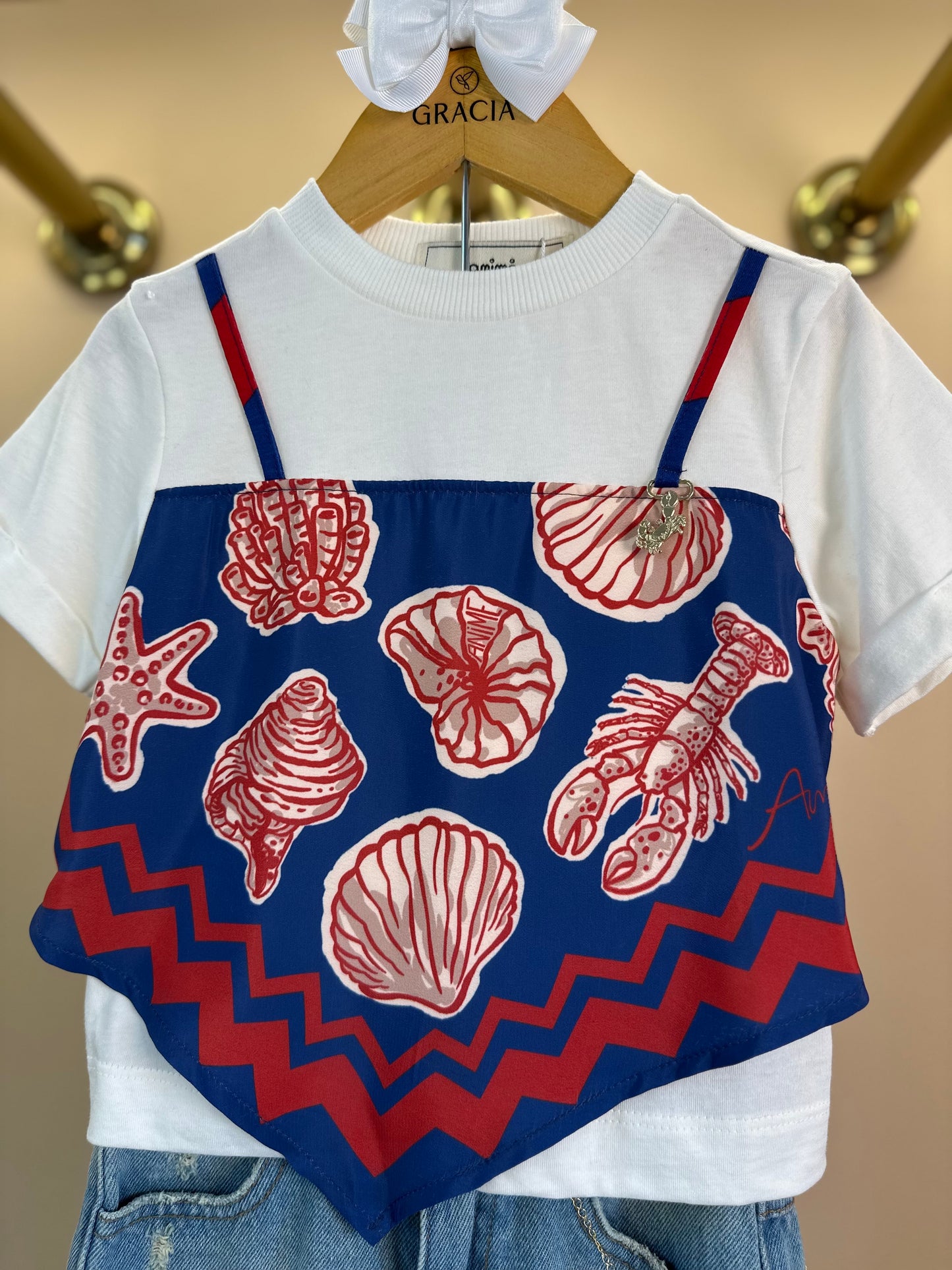 Conjunto Infantil Blusa Lenço Blue Sea e Shorts Jeans Pingentes - Animê