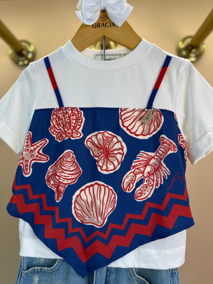 Conjunto Infantil Blusa Lenço Blue Sea e Shorts Jeans Pingentes - Animê