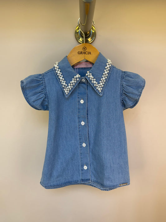 Camisa Infantil Jeans Gola Bordada Pérolas e Cristais - Pituchinhus