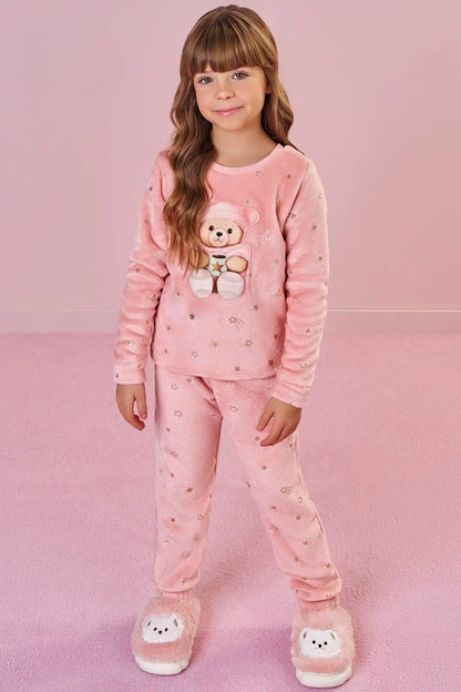 Pijama Infantil Blusão ML Ursinha e Calça Pelinho Foil Rosa Aloha - Infanti