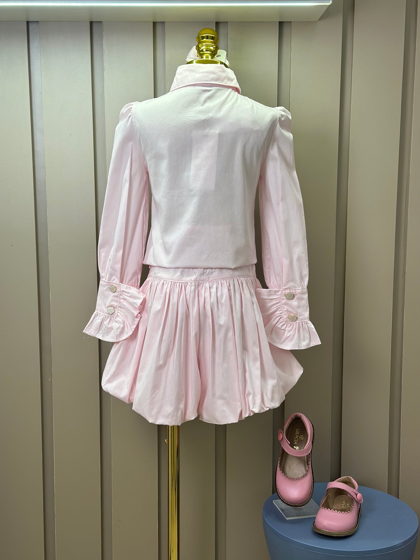 Conjunto Infantil Algodão  Camisa Babadinhos Punho Pregas e Saia Balonê Rosa Claro - Luluzinha