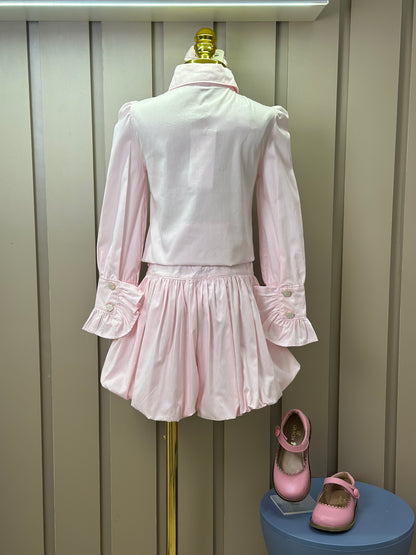 Conjunto Infantil Algodão  Camisa Babadinhos Punho Pregas e Saia Balonê Rosa Claro - Luluzinha