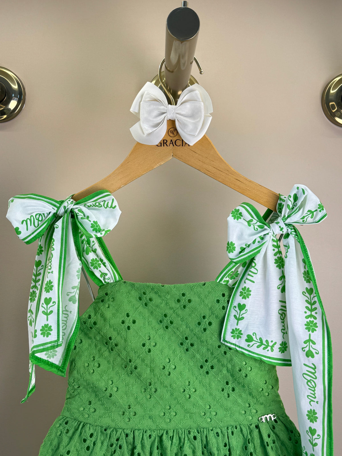Vestido Infantil Laise Bordado Flores Verde - Momi