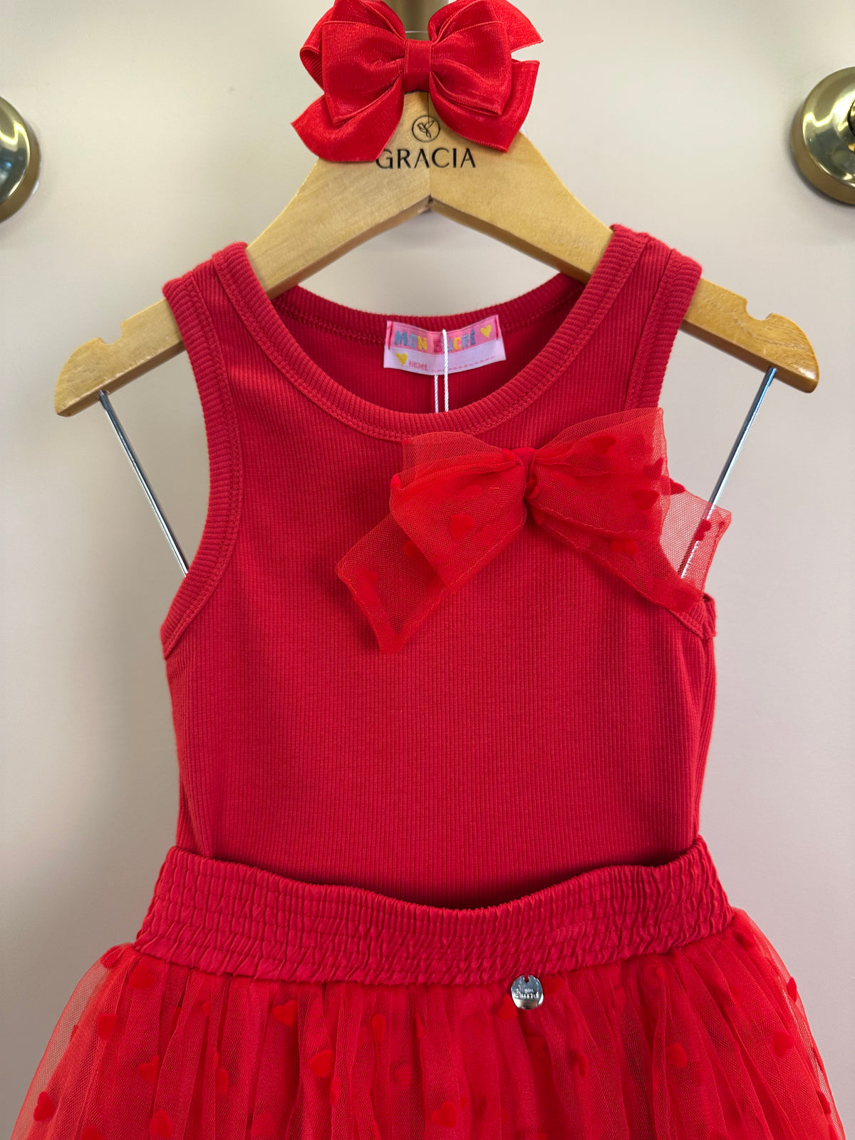 Conjunto Infantil Regata Laço Lateral e Saia Em Tule Flocado Vermelho - Mon Sucre