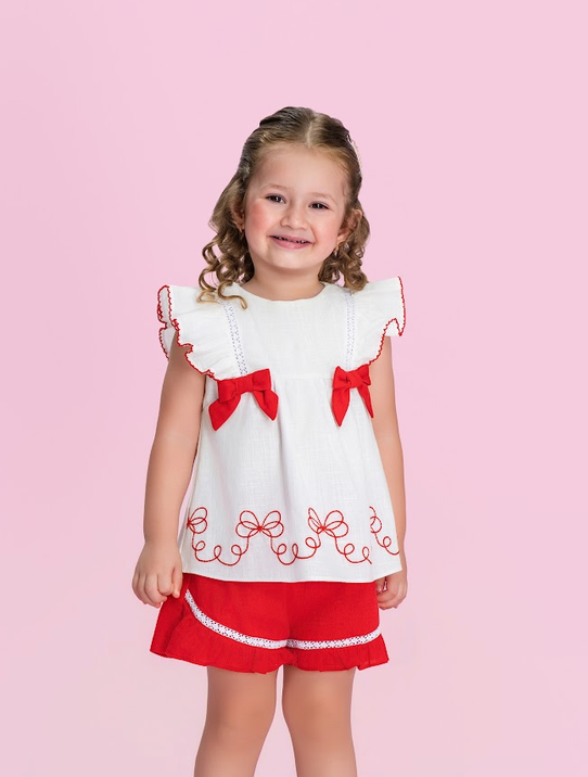 Conjunto Infantil Branco e Vermelho com Laços e Bordado Floral - Petit Cherie