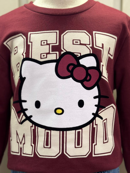 Conjunto Infantil Casaco  Over Hello Kitty Cranberry Juice e Calça Jeans Listrada Cós Duplo - Momi