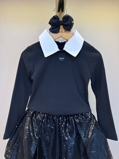 Conjunto Infantil Blusa MalhaTricot  e Saia Paetê - Um Mais Um