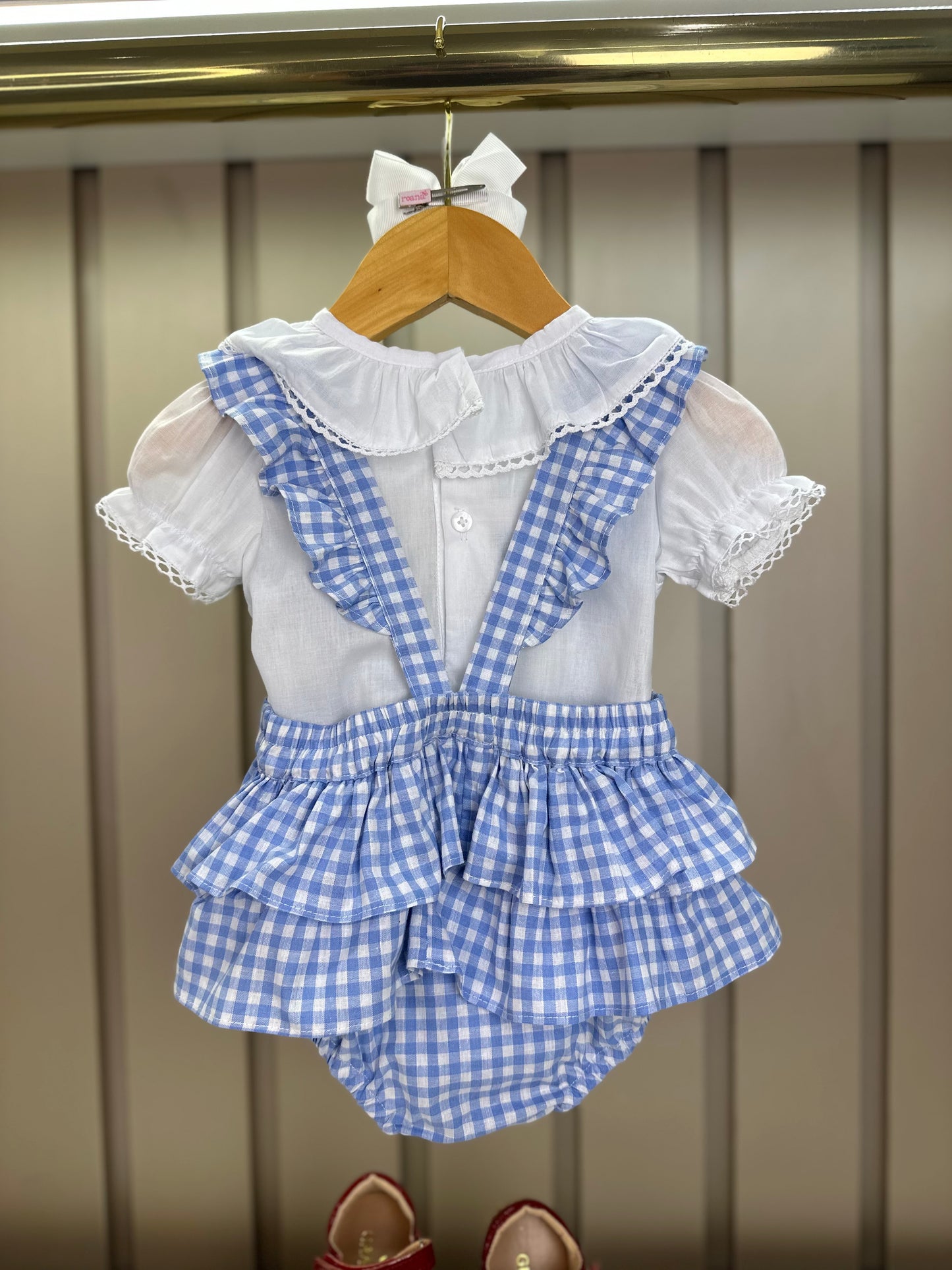 Jardineira Bebê Clássica Xadrez Azul Body Branco Golinha - Roana