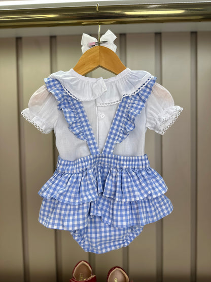 Jardineira Bebê Clássica Xadrez Azul Body Branco Golinha - Roana
