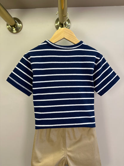 Conjunto Infantil Blusa MC Listrada Azul Marinho e Bermuda Bege - Youccie