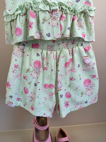 Conjunto Infantil Verde Estampado Blusa Babadinhos e Shorts Saia - Petit Cherie