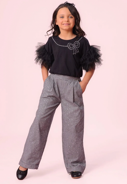 Conjunto Infantil Blusa Colar Cristal e Mangas Tule e  Calça Xadrez - Pituchinhus PRÉ-VENDA