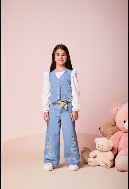 Conjunto Infantil Colete Tricot Off White e Calça Jeans Bordada Flores - Momi