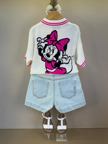 Conjunto Infantil Blusa Tricot Minnie Tennista e Shorts Jeans Strass Rosa - Animê