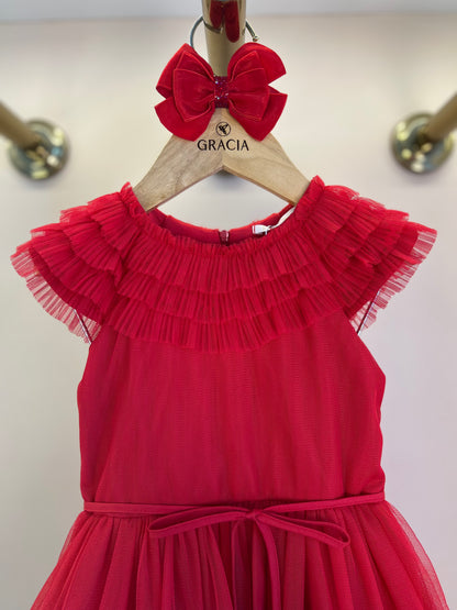 Vestido Infantil Tule Vermelho Gola Babados e Laço Cintura - Petit Cherie