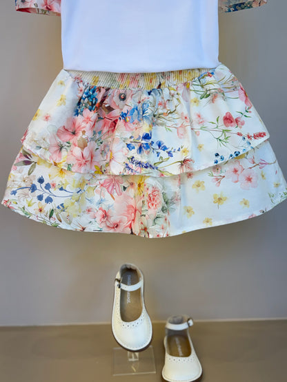 Conjunto Infantil Clássico Blusa Manga Floral e Saia Floral Candy - Um Mais Um