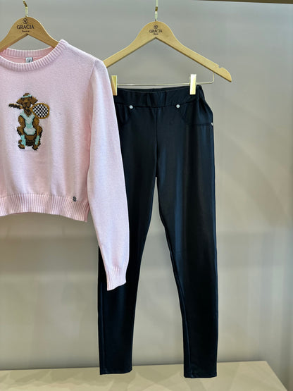 Conjunto Teen Blusa Suéter Tricot Dog Tennista E Calça Legging Cirrê com Bolsos Rosa  - Two In