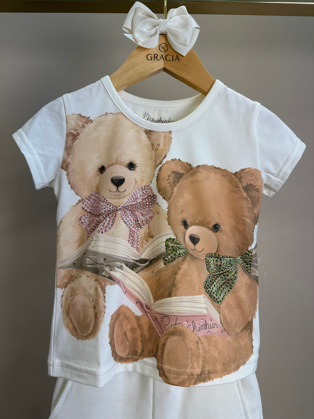 Conjunto Infantil Blusa Cotton Ursinhas Laços de Cristais e Calça Moletom Reta Ursinhas Com Laços Cristais - Pituchinhus