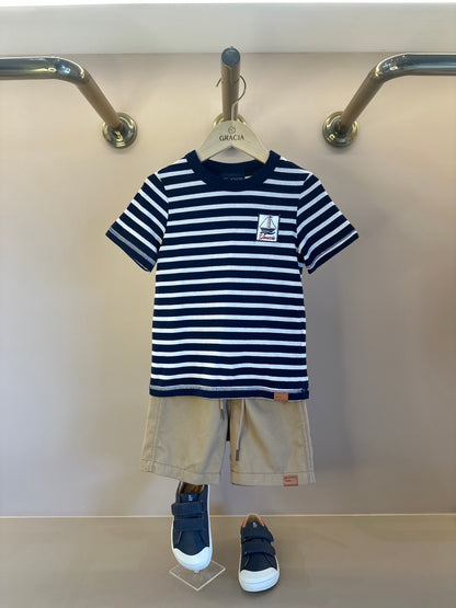 Conjunto T-Shirt Listrada e Bermuda Bege - Youccie