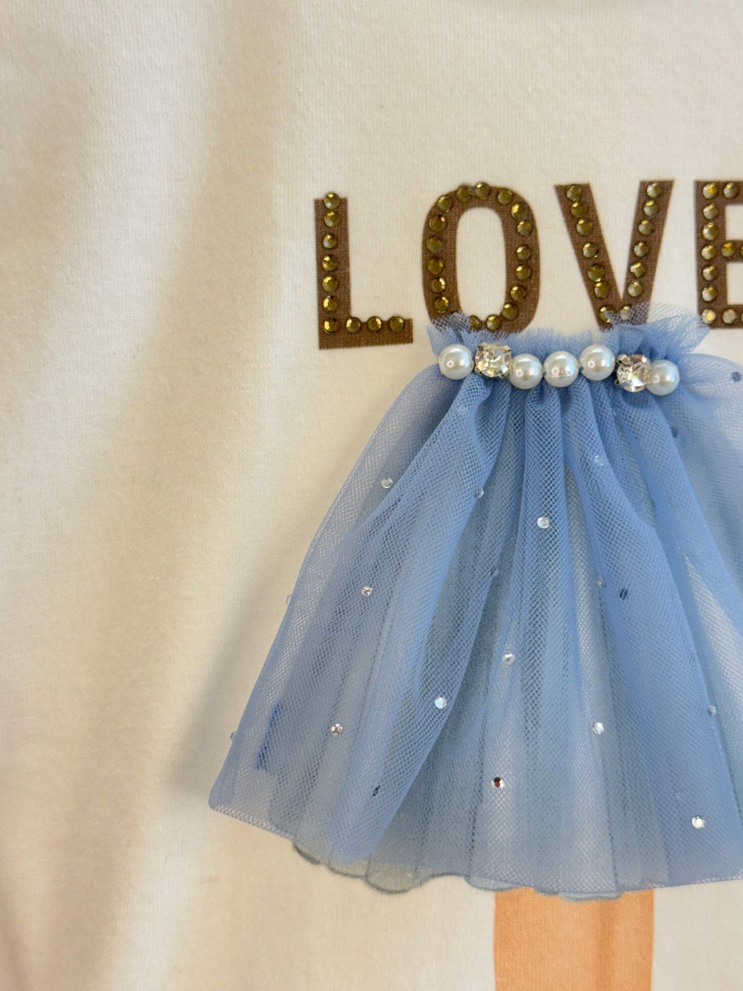 Conjunto Infantil Blusa Off White Love Tule e Legging Tricot Xadrez Azul - Pituchinhus