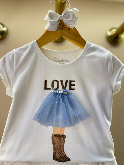 Conjunto Infantil Blusa Cotton Menina Love Off White e Saia-Shorts Bouclé Pérolas - Pituchinhus