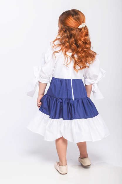 Vestido Infantil Algodão Manga Bufante e Amarração Bordados Manuais Branco/Azul - Luluzinha