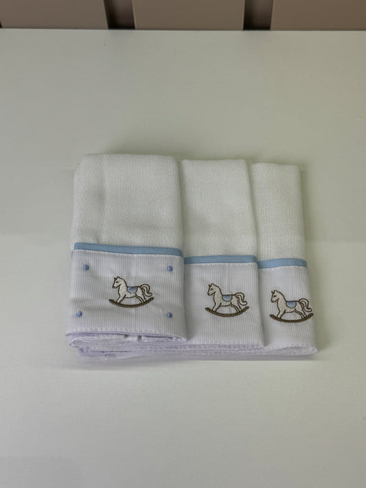 Kit 3 Fraldinhas Boca Bebê Luxo Bordadas Azul Cavalinhos - Roana