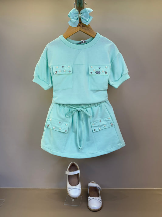 Conjunto Infantil Short  Com Cinto  E Blusa Turquesa Com Bolsos Bordados  Verde - Gabriela Aquarela