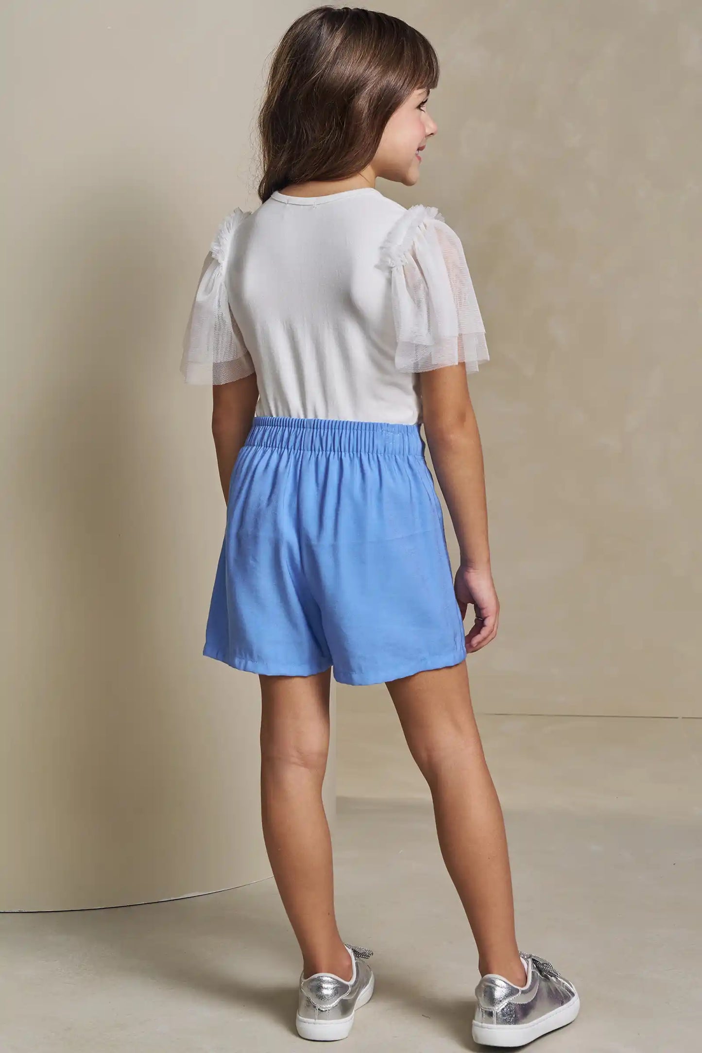 Conjunto Infantil Blusa Lacinho Manga Tule e Shorts Azul Médio - Infanti