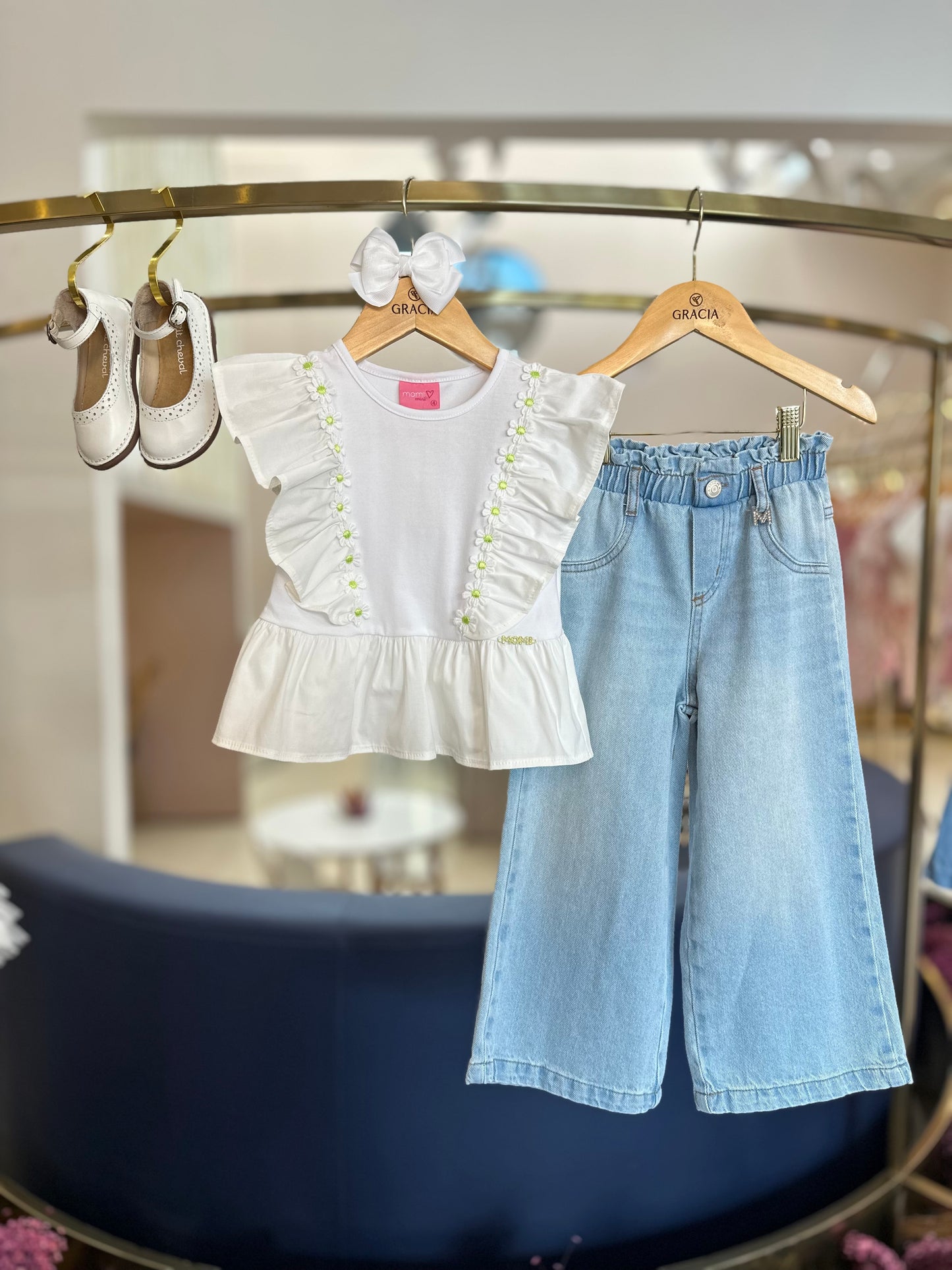 Conjunto Infantil Blusa Babados Bordados e Calça Pingente M - Momi