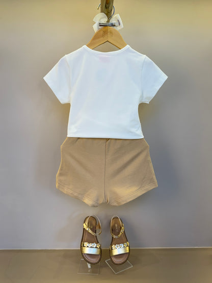 Conjunto Infantil Blusa de Ursinha Cowgirl e Shorts Moletom Bege - Momi