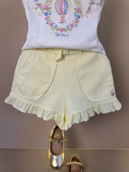 Conjunto Infantil Blusa Strass Estampa Florais Mangas Babadinho e Shorts Amarelo - Petit Cherie