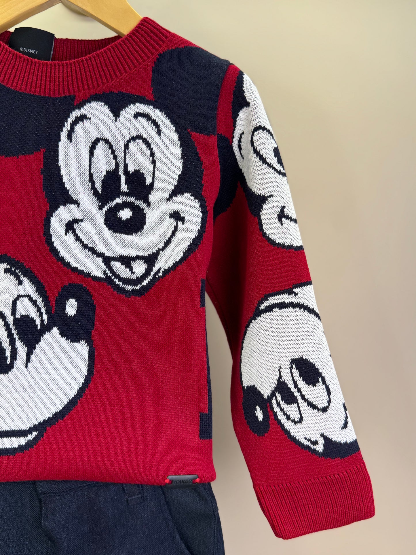 Conjunto Infantil Casaco Tricô Mickey Vermelho e Calça Jeans Leve Casual Marinho - Youccie