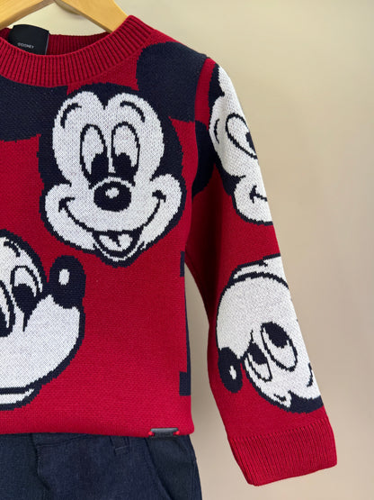 Conjunto Infantil Casaco Tricô Mickey Vermelho e Calça Jeans Leve Casual Marinho - Youccie