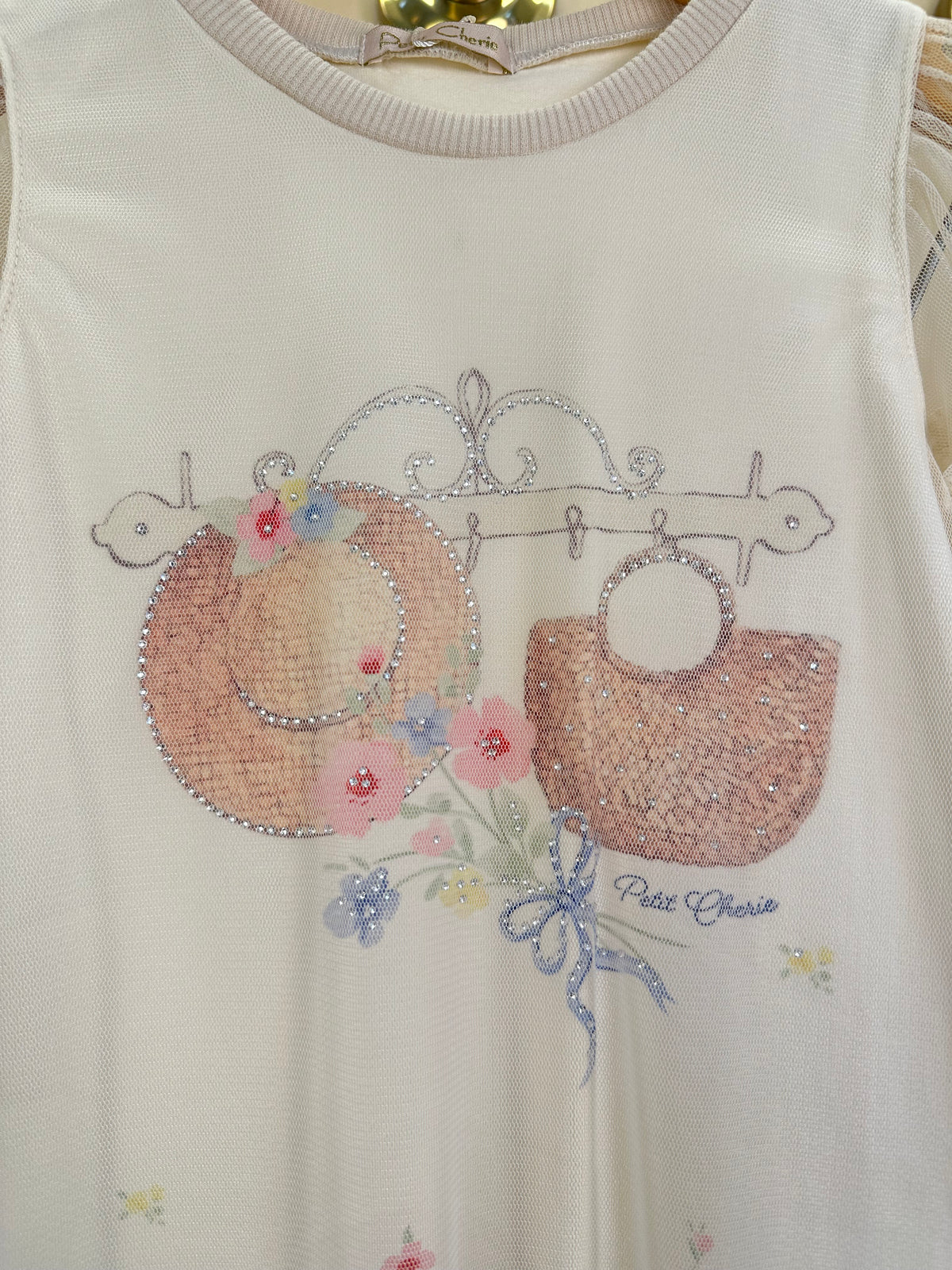 Vestido Infantil Manga Tule Floral e Strass - Petit Cherie