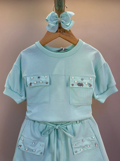 Conjunto Infantil Short  Com Cinto  E Blusa Turquesa Com Bolsos Bordados  Verde - Gabriela Aquarela