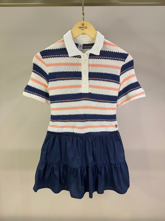 Conjunto Teen Blusa Polo Malha Tricot listrada e Saia-shorts Tricoline Marinho - Two In