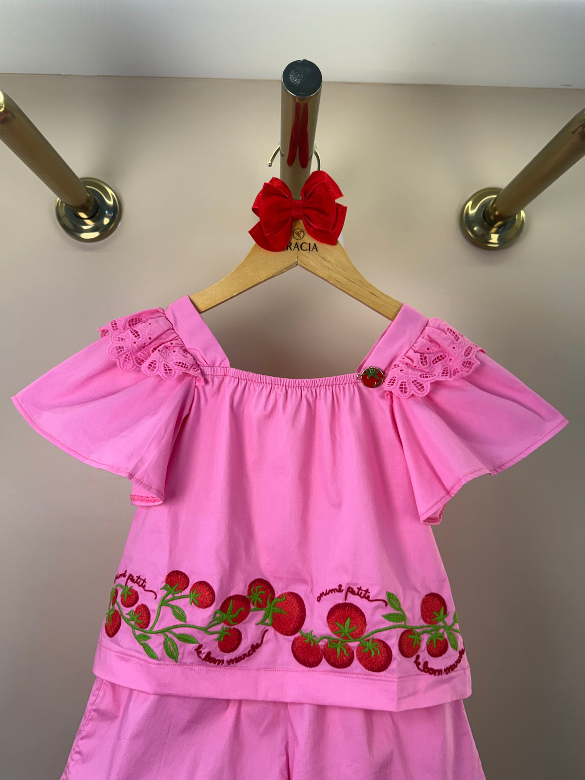 Conjunto Infantil Blusa Mangas Amplas Estampa Tomates e Shorts Saia Rosa - Animê