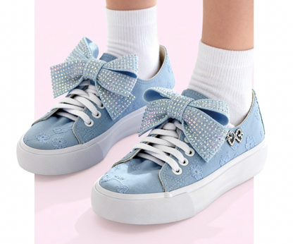 Tênis Infantil Casual Rendado Laço Strass Azul Claro - Luluzinha