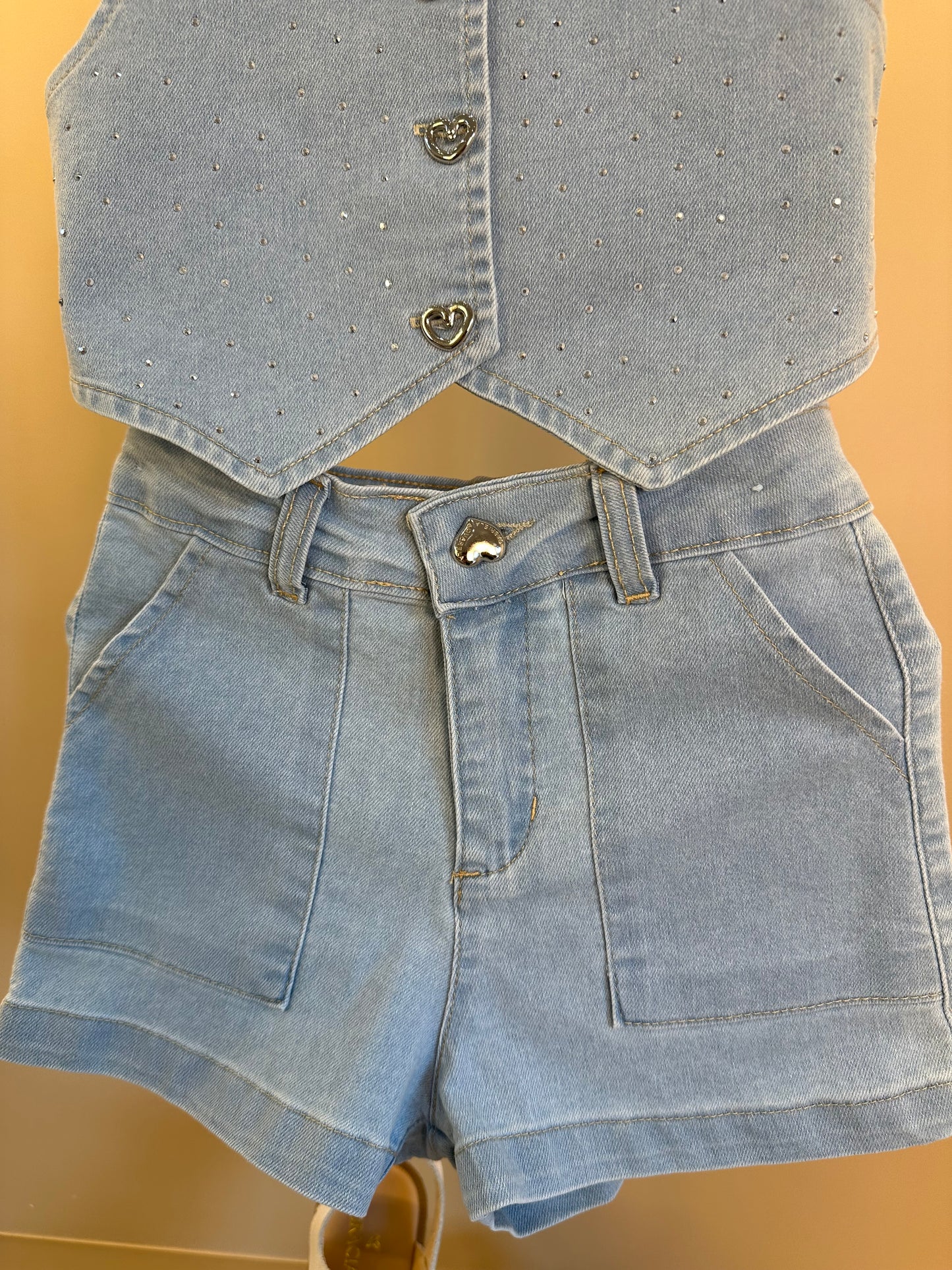 Conjunto Infantil Jeans Colete Brilho e Shorts - Gabriela Aquarela