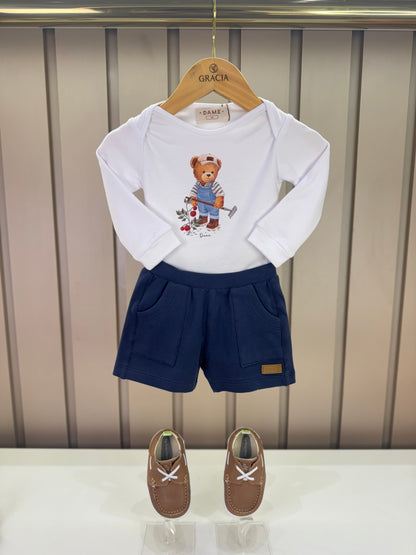 Conjunto Bebê Body Algodão Teddy Fazenda ML e Bermuda Moletom Algodão Profundo - Dame