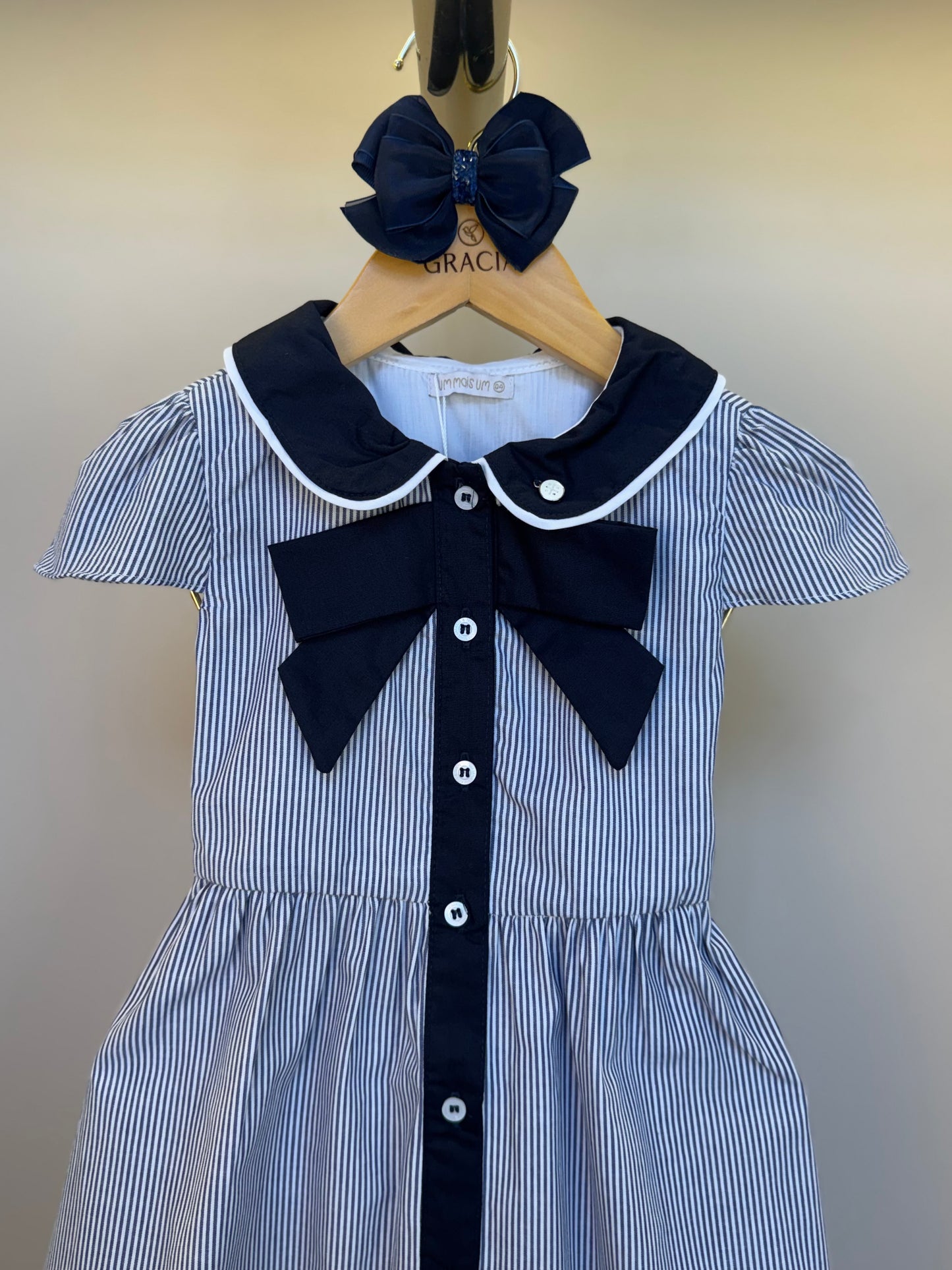 Vestido Infantil  Midi Tricoline Listrado Marinho - Um Mais Um
