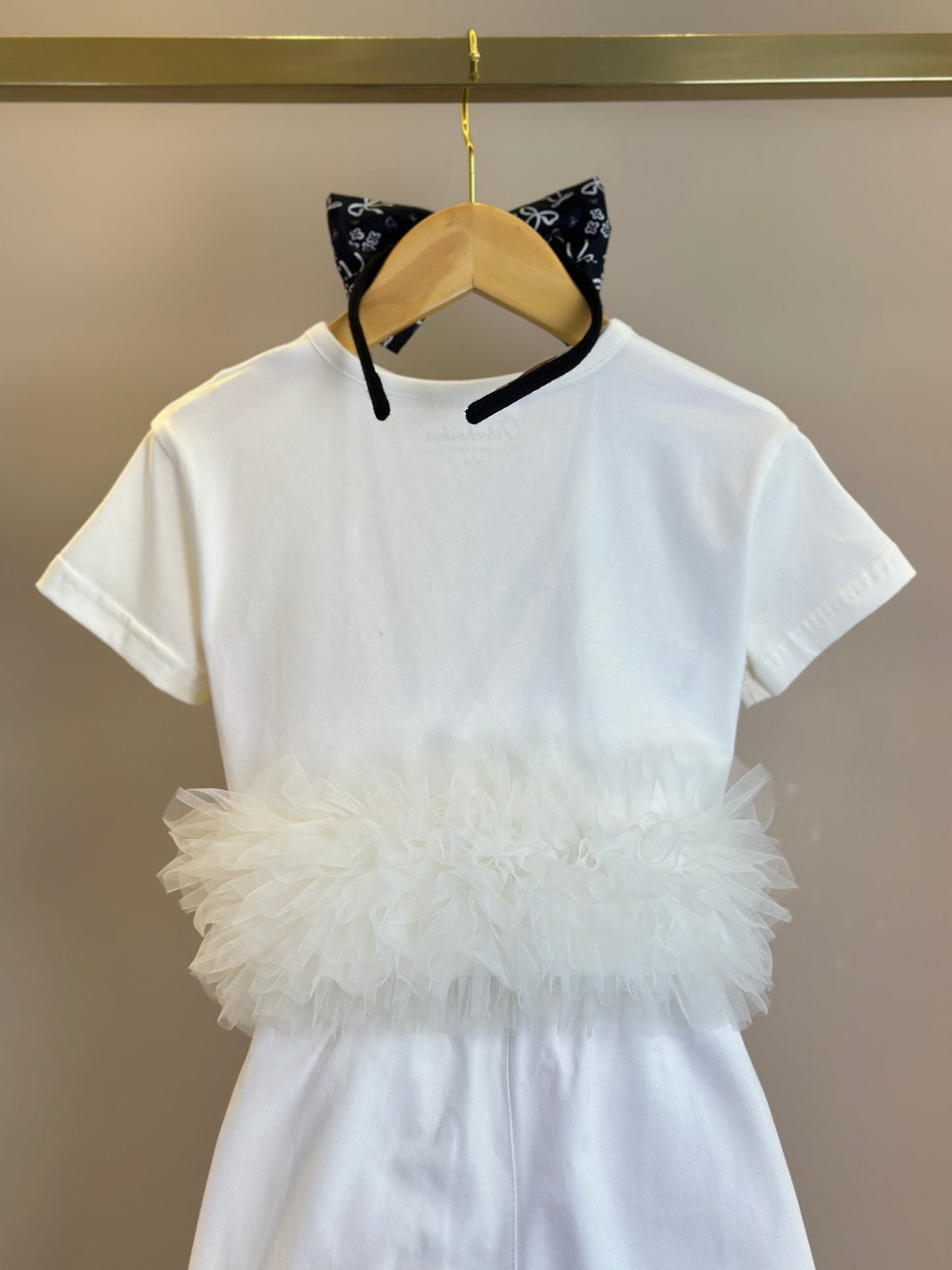 Conjunto Infantil Blusa Ursinha Laço Puffer FruFru Tule e Calça Sarja Baggy Ursinhos e Laços - Pituchinhus