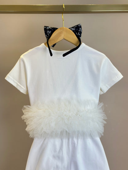 Conjunto Infantil Blusa Ursinha Laço Puffer FruFru Tule e Calça Sarja Baggy Ursinhos e Laços - Pituchinhus