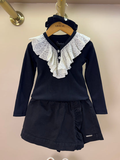Conjunto Infantil Blusa Tricot ML Jabô Botões e Saia Sarja Babadinho Preto - Pituchinhus